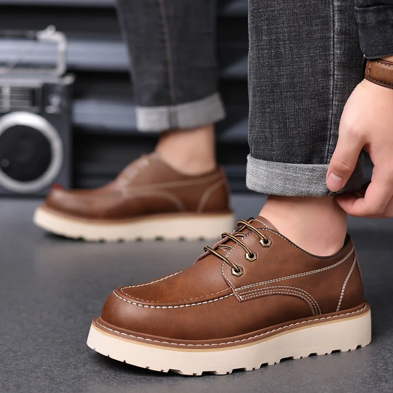 

Men's British Retro Casual Shoes Men Thick Sole Heightened Fashion Work Shoes Mens Lace-up Comfortable Outdoor Flats Oxfords