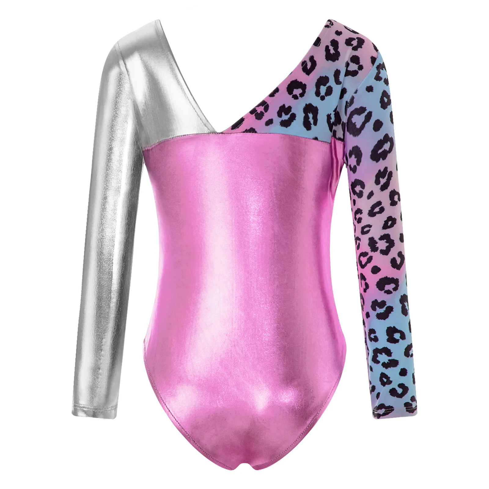 Metallic Gymnastics Leotard for Kids Girls Long Sleeve V Back Ballet Dance Unitard Athletic Jumpsuit Sports Biketard Bodysuit