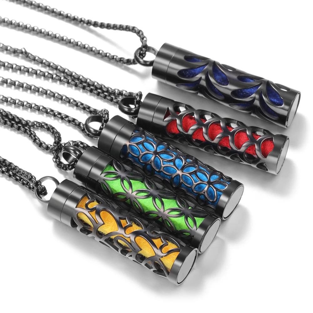 Black Cylindrical Stainless Steel Aromatherapy Necklace Spiral Open Women Essential Oil Perfume Diffuser Lockets Pendant Jewelry