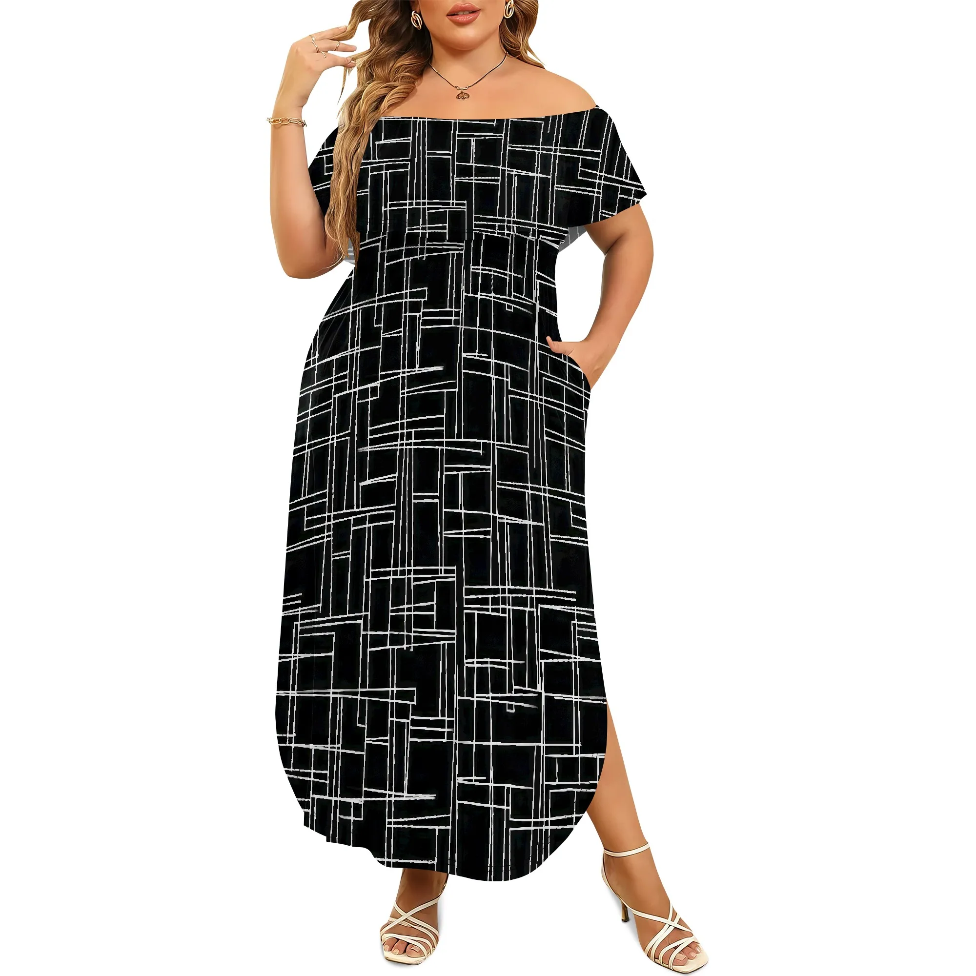 

Женские летние платья макси с открытыми плечами и короткими рукавами, повседневное свободное длинное платье с разрезом и карманом