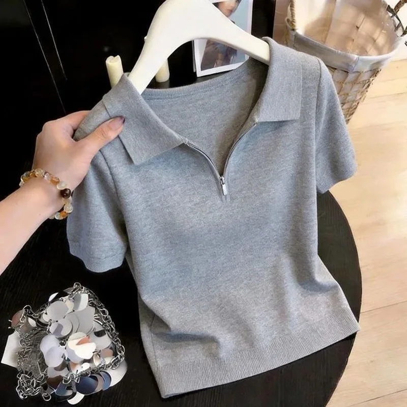 

Summer Turn Down Collar Knitted Sweater Women Pullovers New Short Sleeve Knit Sweater Pullover Women Tops Sueter Feminino Q3778
