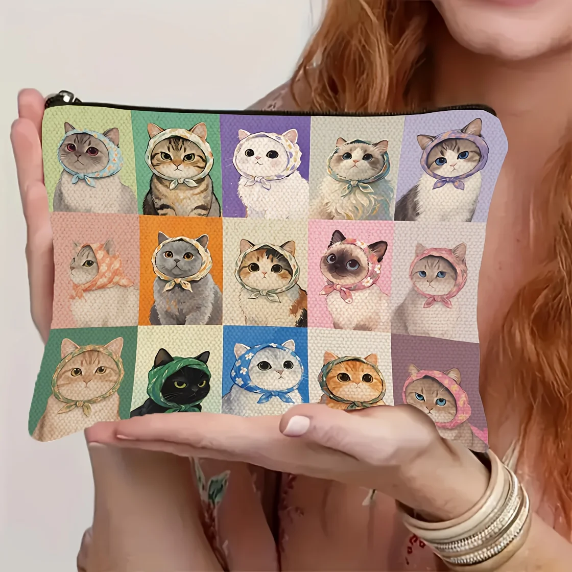 1Pc Cute Cat Headscarf Retro Design Multifunctional Travel Makeup Bag, Snack Storage Bag, Stationery Storage Bag, Fashionable Toiletry Bag, Canvas Double-Sided Printed Zipper Pouch