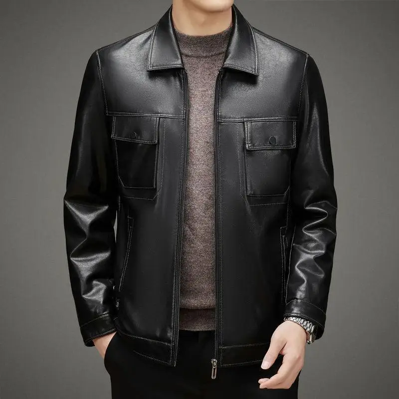 

New Middle-aged People 2024 Dad Men's Casual Middle-aged Men's Buckskin Jacket Lapel Coat Men Motor Vehicles Winter Jacket Men