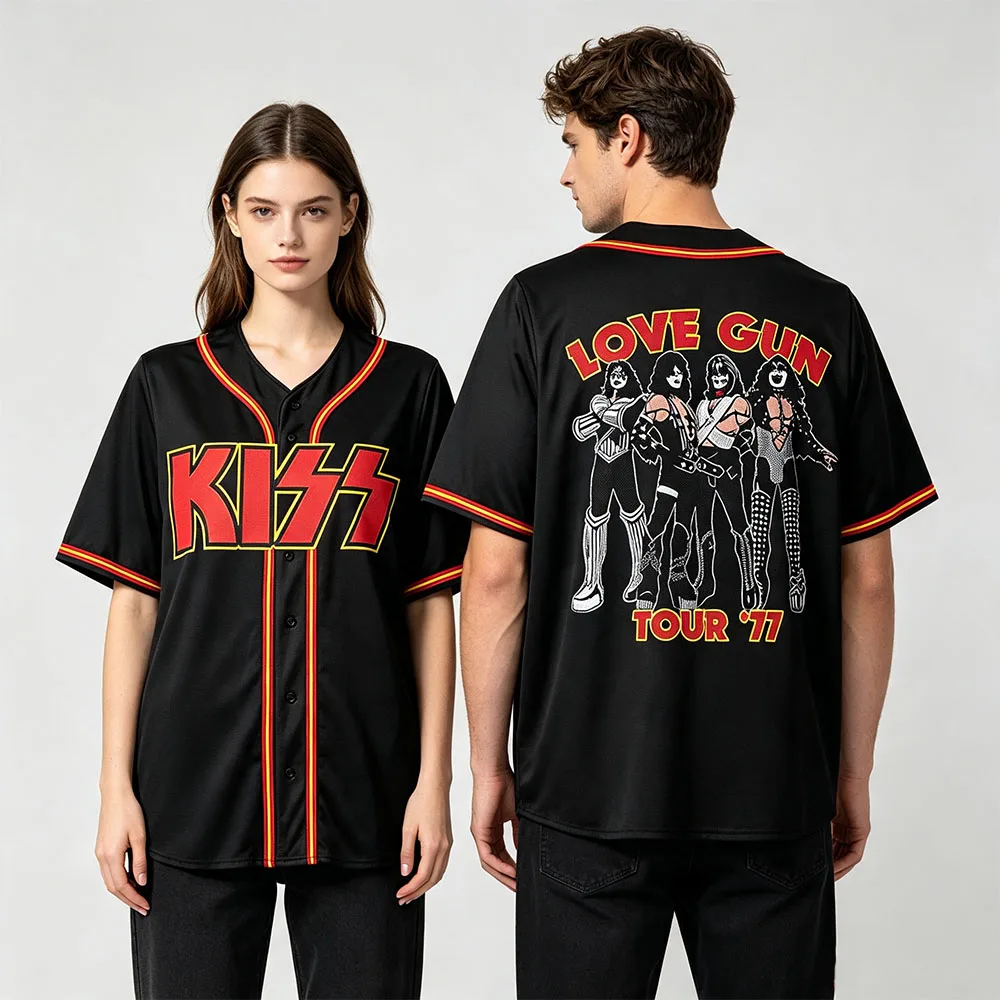 Image of LOVE GUN Baseball-Jersey Band Kiss Heavy Mental Tops Kurzarm-Hemden mit Knöpfen für Männer Sommer Unisex Streetwear Bedrucktes Merchandise