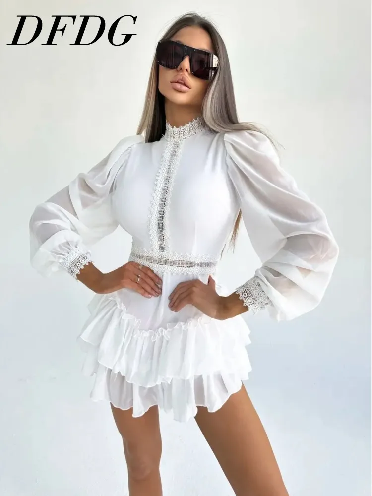 

Женское мини-платье DFDG с воротником-стойкой, расшитое бисером, с пышными рукавами и многоярусной юбкой, для выпускного вечера и вечеринок, модное женственное платье 2026 года