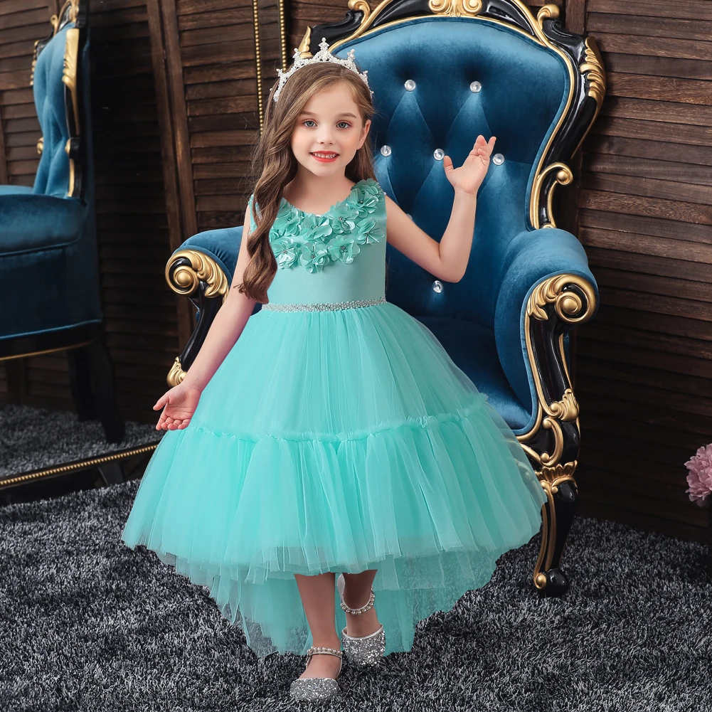 Green flower girl princess dress suitable for 3 TO 12 YEar bridesmaids wedding dress with a trailing tail