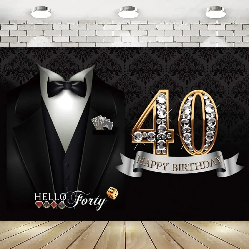 40th Happy Birthday Photography Backdrop Gold Bow Tie White Shirt Suit Tuxedo Background Gentle Father Dinner Party Banner De