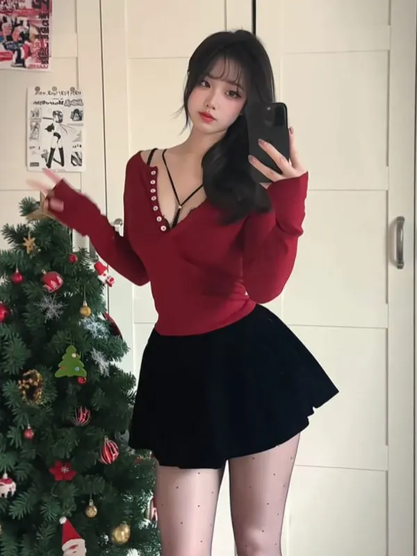 

Retro Unique Red Slim Fit Long Sve Knitted T-irt Beautiful Agel Sli Top for Women Suitable for Various Ocns