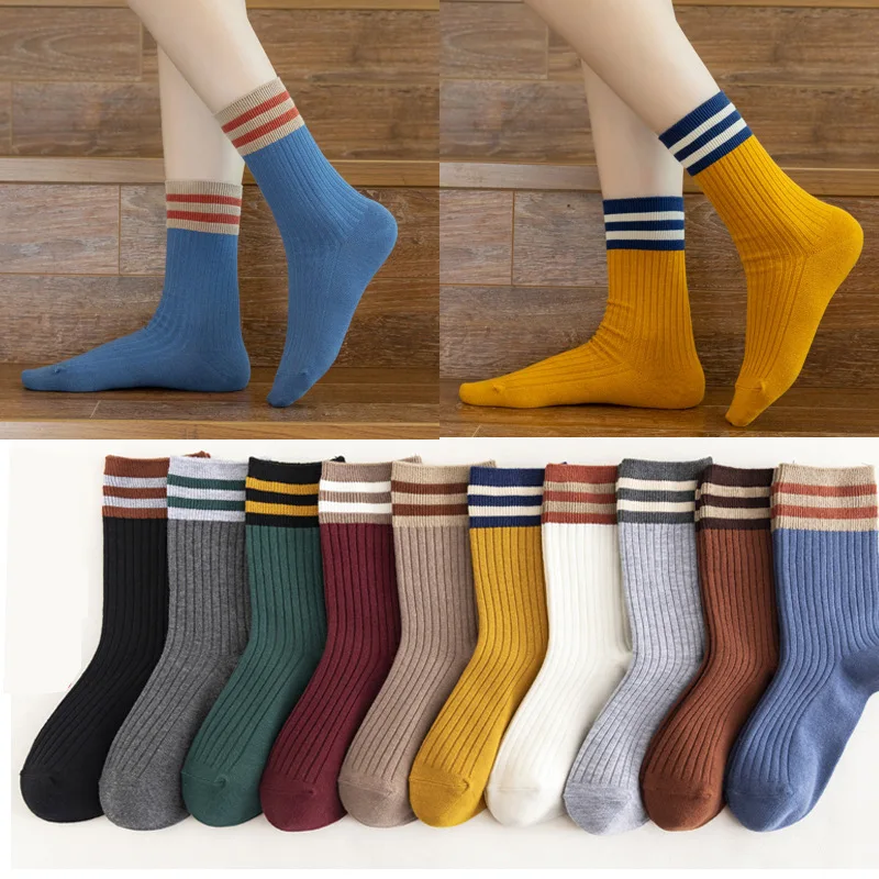 

Harajuku Retro Black White Crew Socks Cotton Knitting Striped Long Socks Japanese High School Girls Cute Loose Women Socks