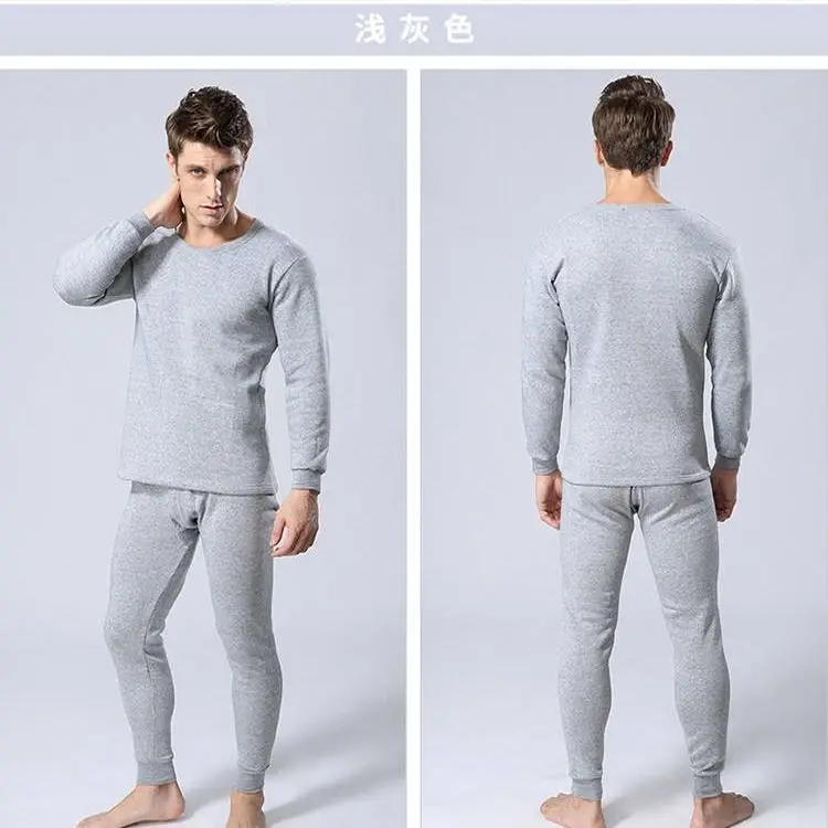 2 Sets Men\'s Plus Velvet Thick Thermal Underwear Suits Winter Top + Long Trousers Autumn Winter Round Neck Bottoming Suit