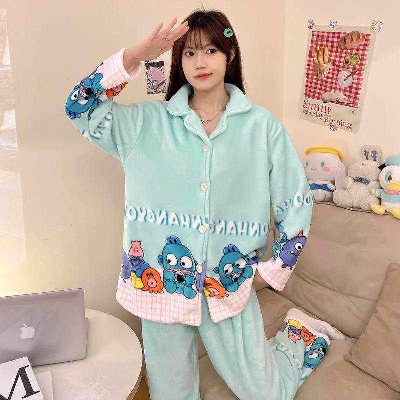 Sanrio Kit Girl Flannel Cardigan Flip Collar Keep Warm Pajama Set Kawaii Hangyodon Comic Student Thickening Go Out Leisure Wear