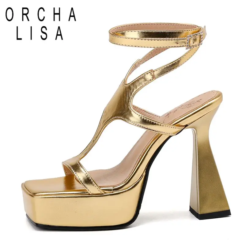 

ORCHA LISA 2025 Модный дизайн Женские сандалии с квадратным носком Странные каблуки 12 см Платформа 4 см Пряжка Ремешок Плюс Размер 45 46 Туфли для вечеринок