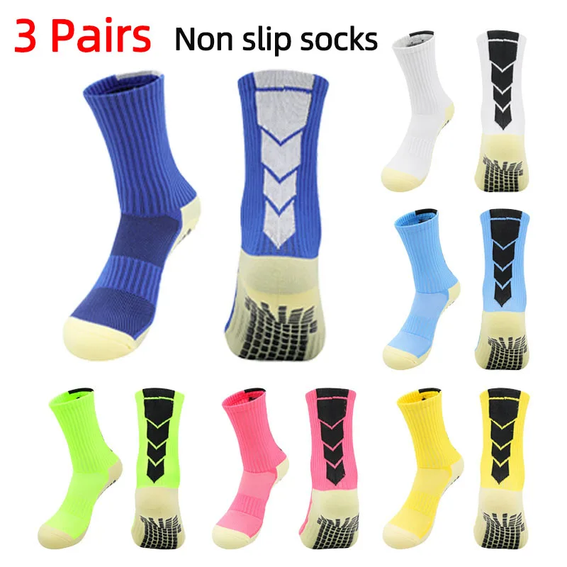 3 Pairs Adults Men Anti Slip Soccer Socks Football Baseball Rugby Non Slip Silicone Grip Socks Towel Bottom Mid-Tube Sport Socks