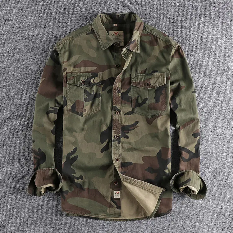 Classic Washed Camouflage American Workwear Long Sleeve Shirt Men's Double Pocket Versatile Casual Military Youth Top