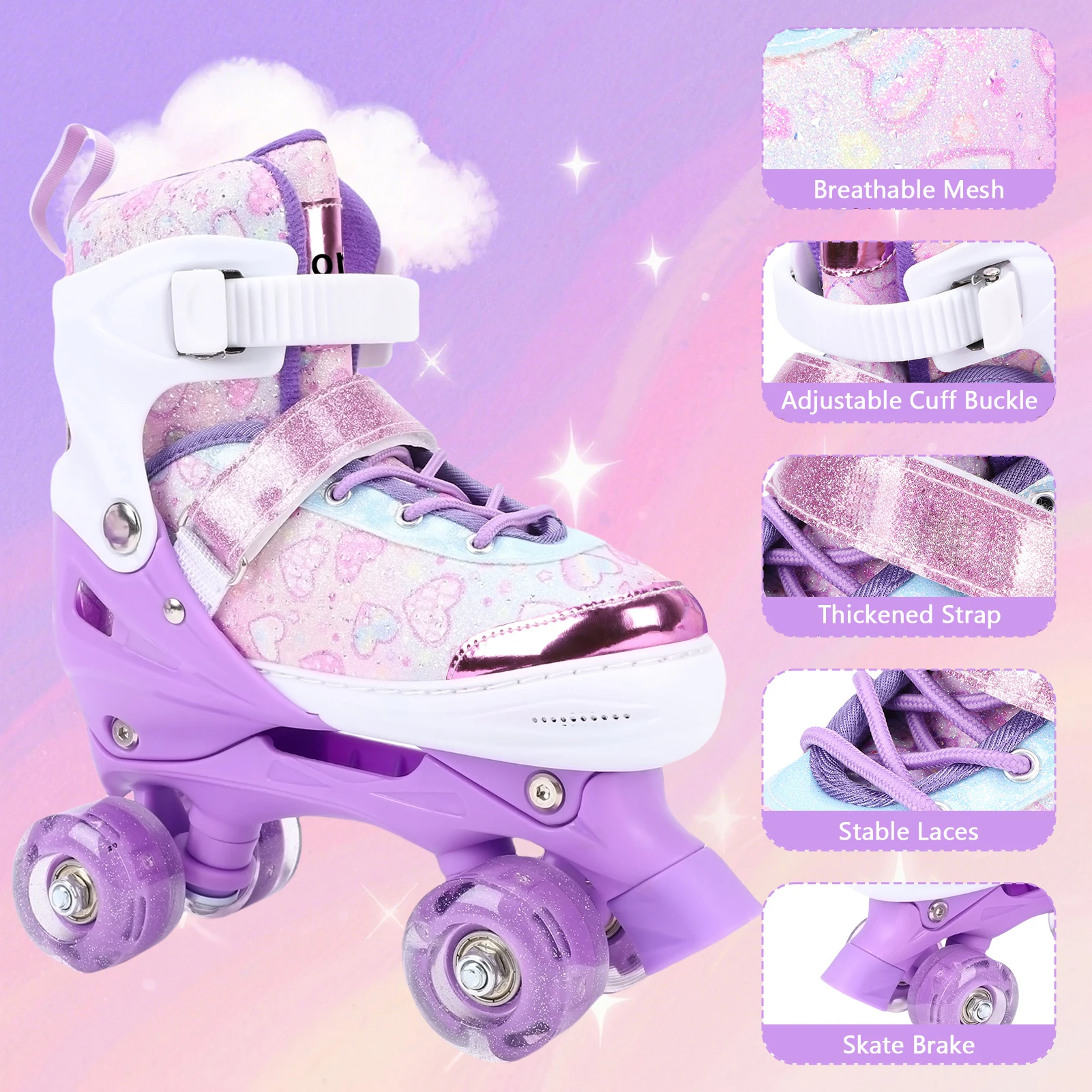 زلاجات دوارة للأطفال البنات من سن 6 إلى 12 إلى 4 مقاسات عجلة وامضة قابلة للتعديل ABEC تحمل حماية ثلاثية للأماكن الخارجية والداخلية #1