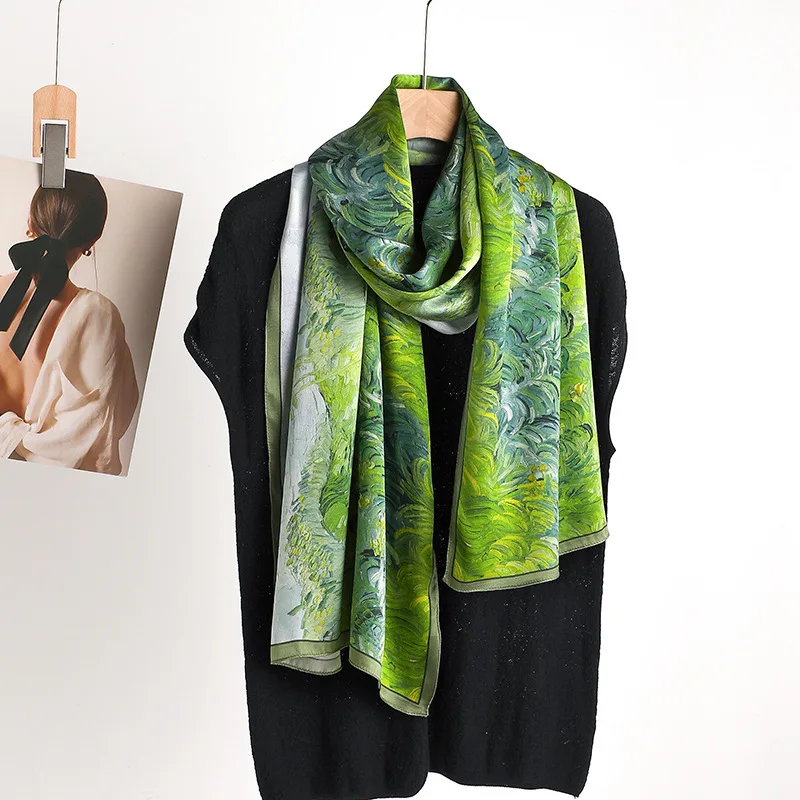 New Green Pastoral Style Mulberry High-Grade Printed Thin Long Elegant Silk Scarf Shawl Dual-Use for Mother