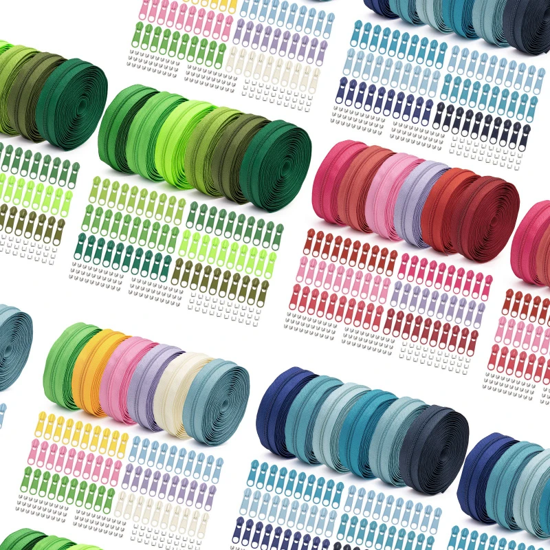 No. 5 nylon set (6-color zippers (size 5) with 60 zipper heads (10 per color), 60 top stops, 30 bottom stops)