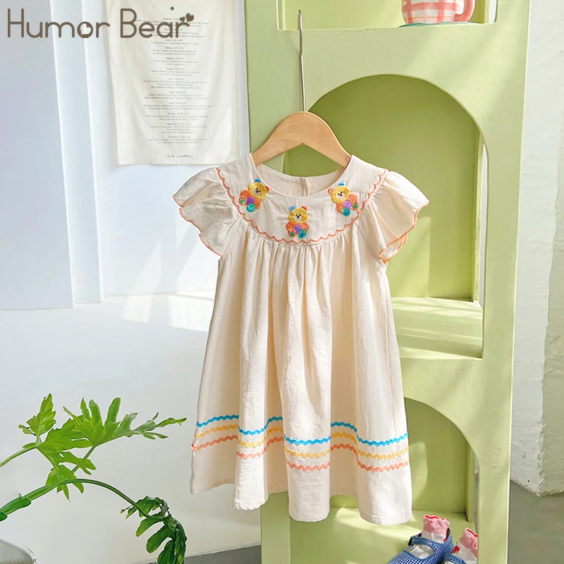 Humor Bear Girls' New Rainbow Bear Embroidery Dress Summer Flying Sleeves Contrast Cotton Skirt Vestidos Casual Outfit 2-6Y