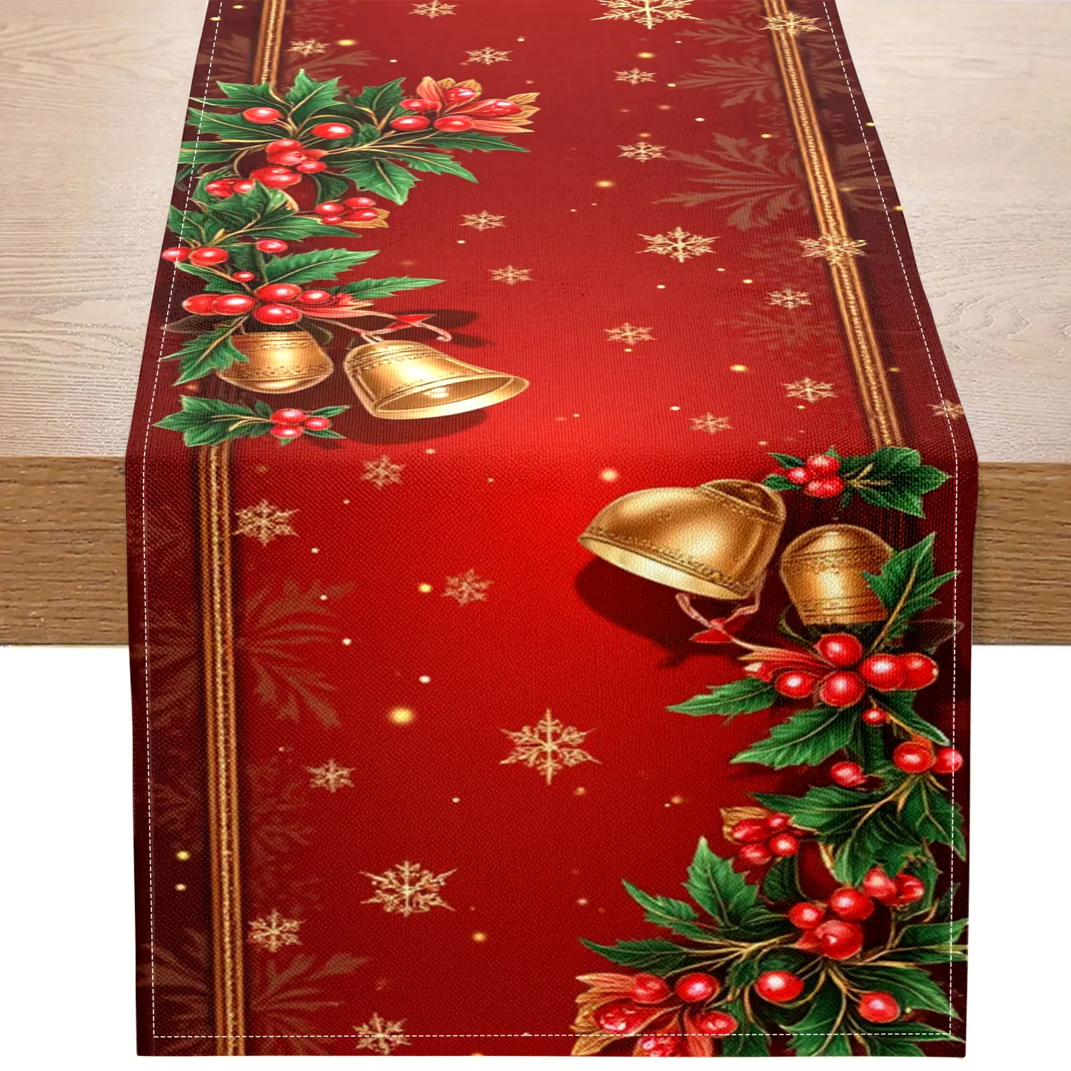 1Pc Red Christmas Themed Table Runner with Snowflake, Bell, and Berry Patterns, Suitable for Christmas Parties, Holiday Home Decor Scenes.