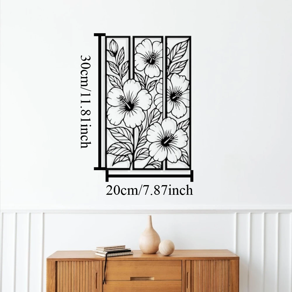 CIFBUY Wrought Iron 3-Panel Hibiscus Flower Wall Art, Tropical Floral Metal Decor, Black Cutout Wall Hanging for Living Room Bed