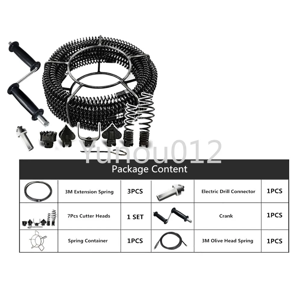 Household Drain Pipe Dredger Sewer Dredging Machine Extension Spring Set Compression Spring with Crank for 40-100MM Pipe 12M