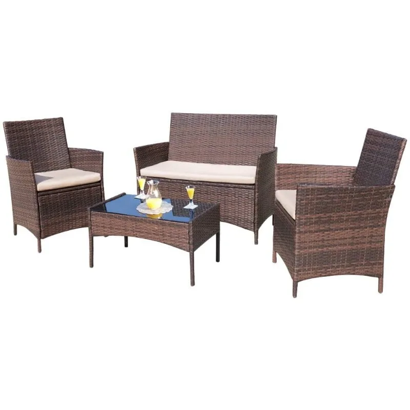 4 Pieces Outdoor Patio Furniture Sets Rattan Chair Wicker Set, Outdoor Indoor Use Backyard Porch Garden (Brown and Beige)