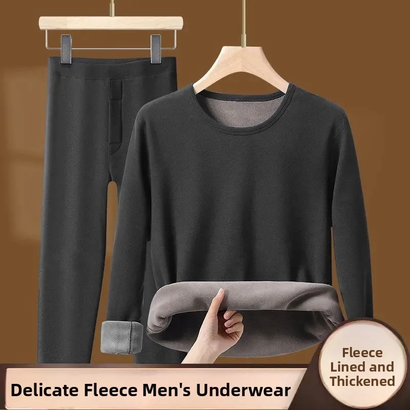 

Men's Heavyweight Fleece Lined Thick Warm Quick Heating round Neck Thermal Underwear Long Pants Home Clothes Inner Wear