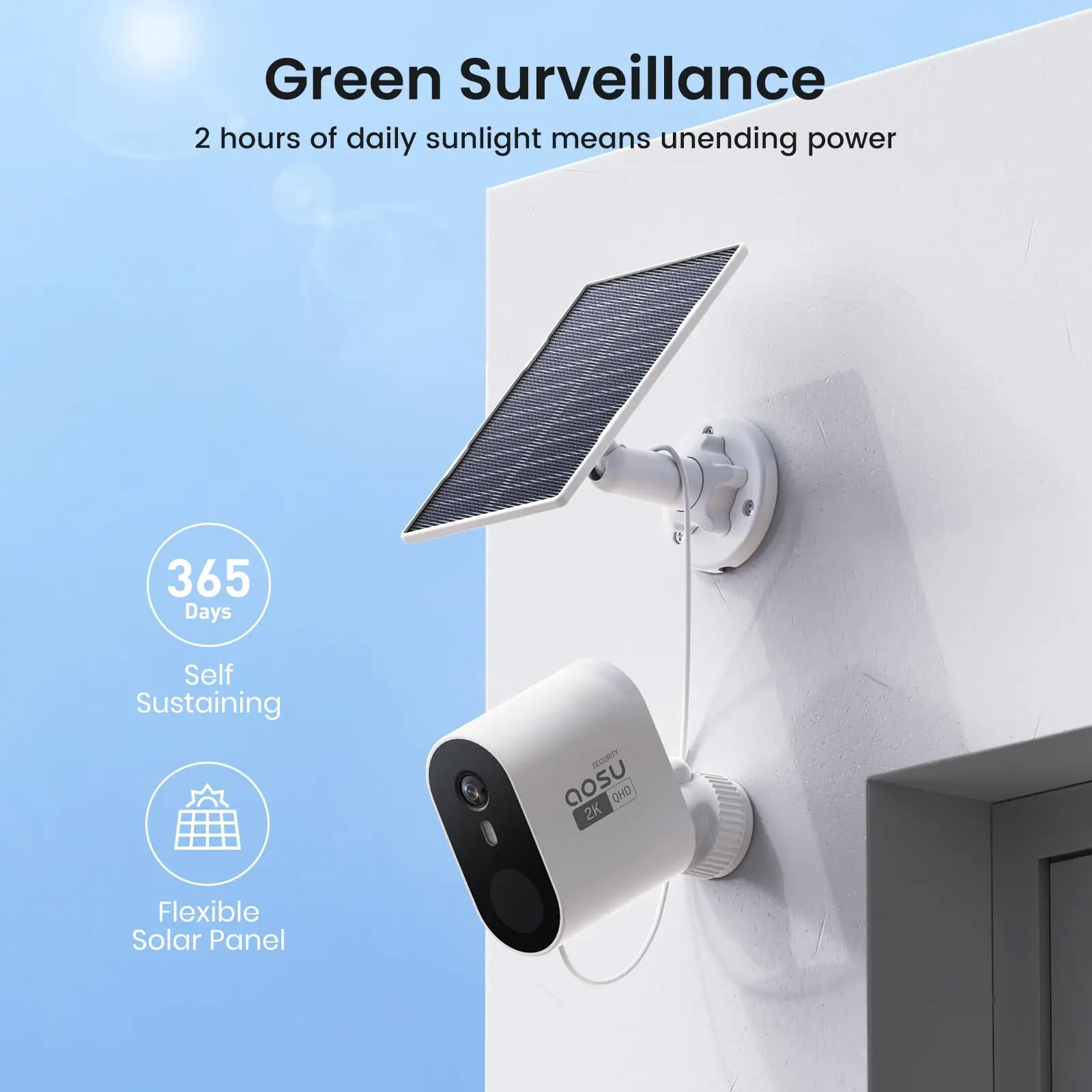 AOSU 100% Wire-free 3MP Solar Camera Built-in Battery WiFi Security Camera AI Detection Color Night Vision 2-way Audio CCTV Cam