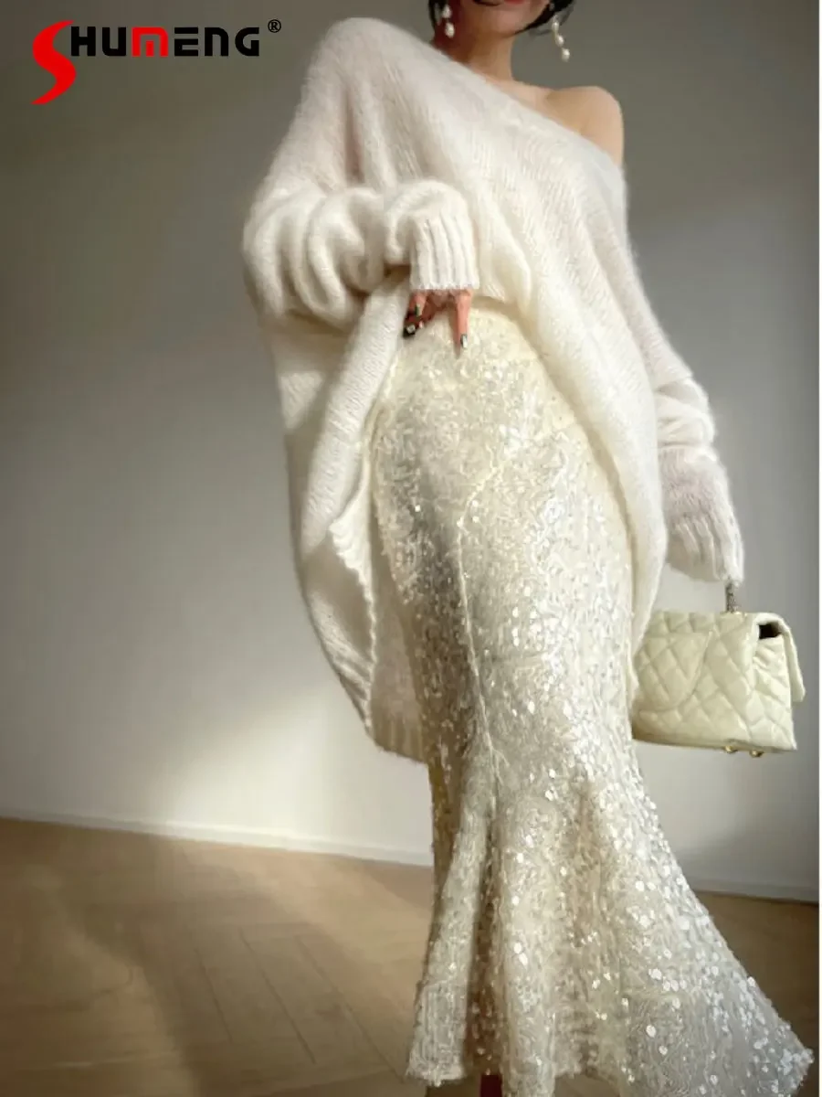 

Korean Style Sequined Shiny Sheath Long Skirt Women Fishtail Skirt High Waist Slim Fit Slimming Sense Design A-Line Faldas Mujer