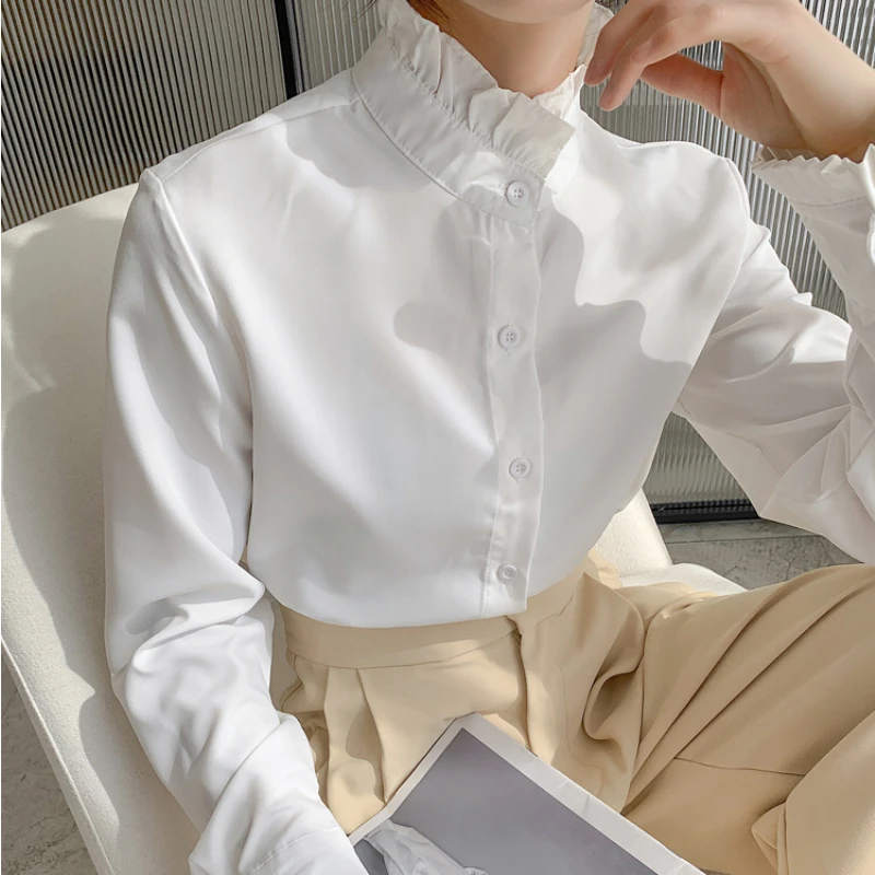 OCEANLOVE Women Shirts Stand Collar Solid Spring Autumn Office Lady Vintage Blouses Korean Style Ruffles Blusas Mujer Tops