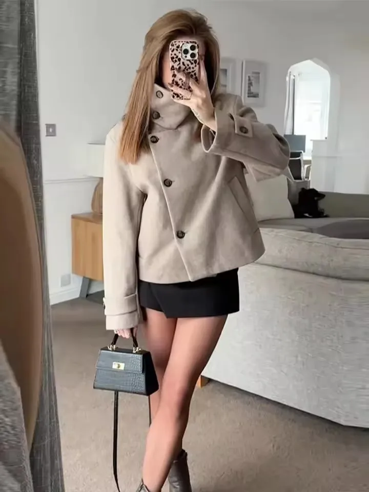 2027 Women Autumn Fashion Jacket Solid Stand Collar Pocket Decor Long Sleeve Button Casual Classic Elegant Vacation Jacket