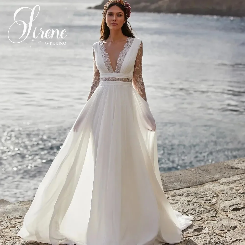 Sirene Boho Chiffon Kant Illusie Trouwjurken A-Lijn Diepe V-Hals Lange Mouwen Bruidsjurk Rug Knoop 2024 Vestidos De Novia