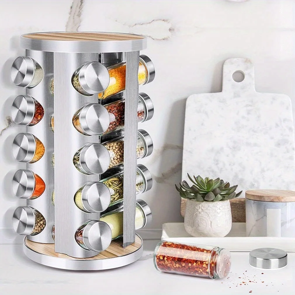 Spice Carousel Set Featuring 20 Spice Jars, Kitchen Spice Organizer - Revolving Storage Tower Includes 48 Labels