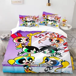 Cartoon Anime Powerpuffs Girls Bedding Set Kawaii Blossom Bubbles Print Quilt Duvet Cover Pillowcase Buttercup Bed Comforter Set