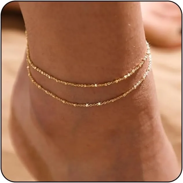 Pulseiras de tornozelo de ouro/prata para mulheres, tornozeleiras de ouro 14k para mulheres, conjunto de tornozeleiras de contas à prova d'água, tornozeleira em camadas, joia de ouro, presente