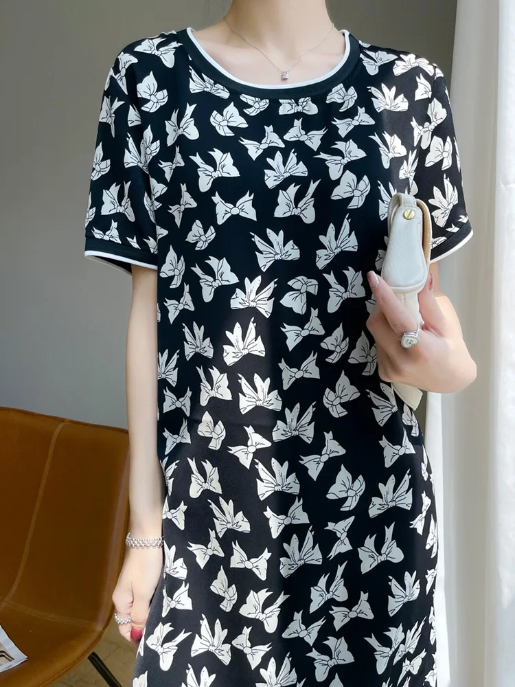 Été imprimé fleuri Midi Dr femmes taille ample acétate Satin ort Sve jupe tube droite coréen Sle rond Ne T-S...