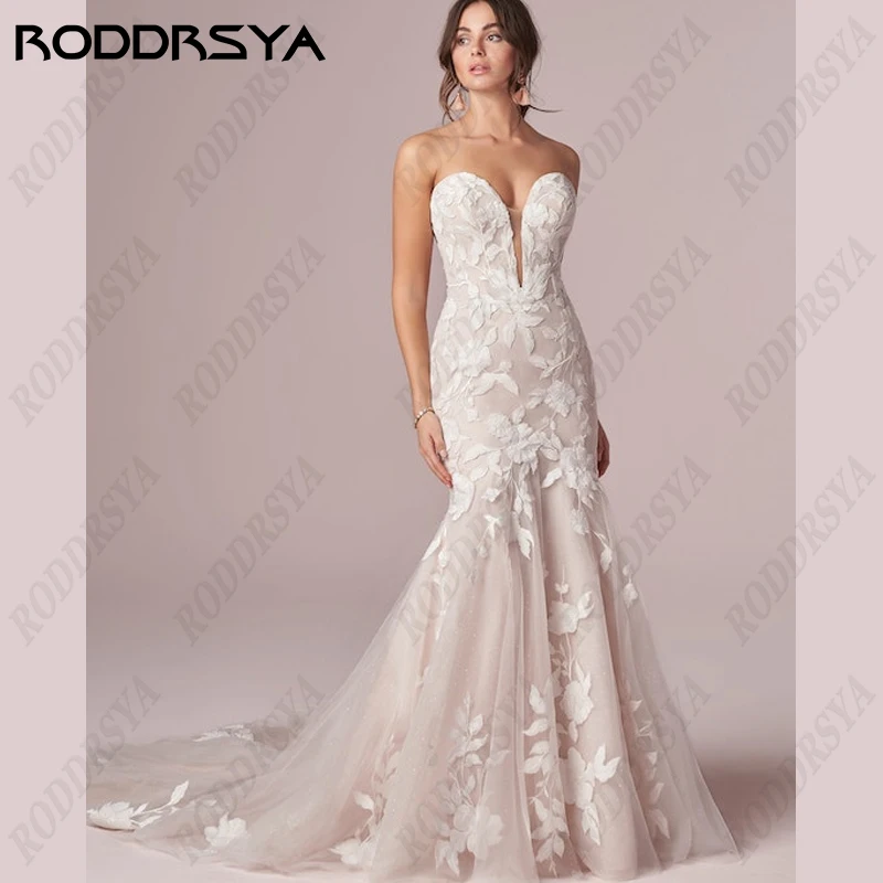 RODDRSYA Strapless Sereia Vestidos De Casamento Para As Mulheres Elegantes Apliques Vestido De Noiva Tulle Backless Sem Mangas Vestidos De Novia Strapless Sereia Vestidos De Casamento Para As Mulheres Elegantes Aplique