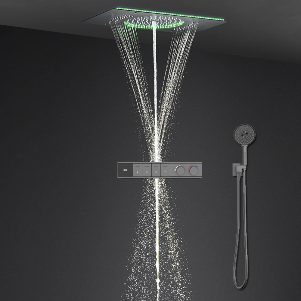 Digital Thermostatic Music Shower 60 x 33 cm LED Ceiling Rain Column Waterfall Bath System Gun grey