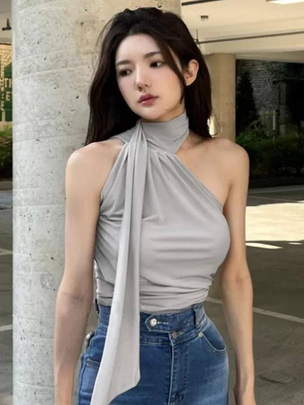 Women Blouse Soild Color Slim Fit Sexy Hanging Neck Tank T Shirt Open Collar Ribbon Versatile Summer Sleeveless Casual Tops 4MXC