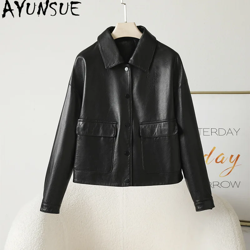 AYUNSUE Giacca in vera pelle da donna 2025 Giacche da moto da donna Primavera Autunno Abbigliamento Semi abbronzatura vegetale Jaqueta De Couro