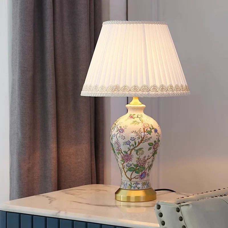 

American retro personalized colored flower decoration modern Chinese all-copper ceramic table lamp dimmable warm bedroom bedside