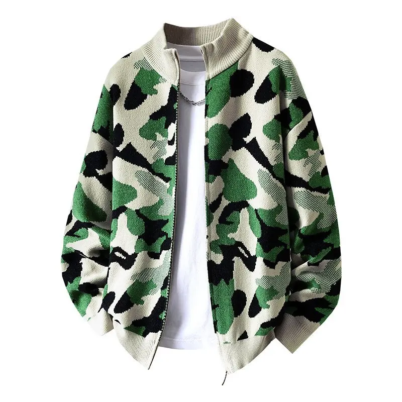 

Pull Homme, корейский модный камуфляжный кардиган с воротником-стойкой, мужская одежда, весна 2026, новые вязаные мужские повседневные свитера на молнии 4XL