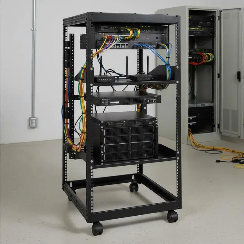 20U Open Frame Data Cabinet 23-40in Adjustable Depth For Server Room Office Studio, Free Standing Wall Mount 4 Post Design With Casters Heavy Duty Metal Storage Networking IT Equipment AV Gear Router Modem