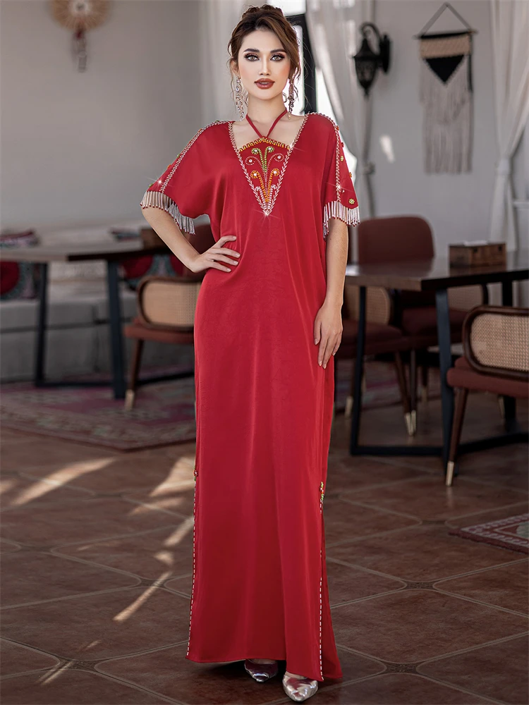 

Ramadan Eid Red Summer Satin Abaya Damen Dubai Luxury Muslim Abayas For Women Kaftan Dress Islam Clothing Caftan Marocain Femme
