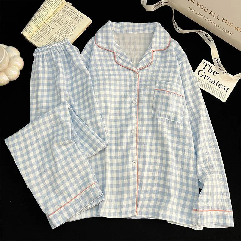 Ladies Sleepwear Grid Long Sleeved Pants with Multiple Collars Cardigans Spring Autumn Home Wear Sets Women's Pajamas Homewear