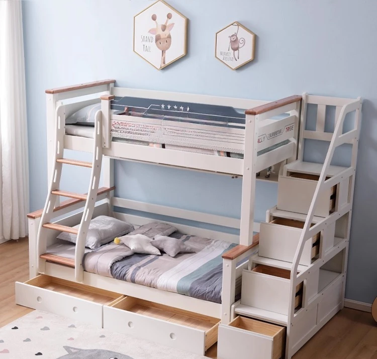 All solid wood blue and white children's bed, parent-child upper and lower beds, two bunk beds, mother-child beds