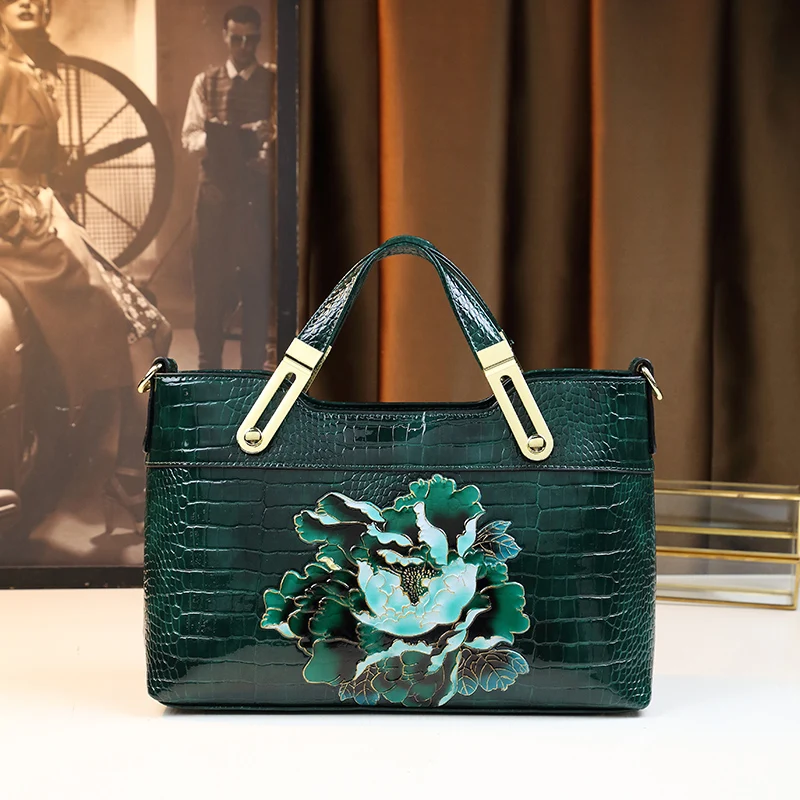 

High-End Leather Floral Handbag Large Capaci Women's Bag Luxury Sensation Casual Crossbody Tote Bag for Middle-Aged Mothers