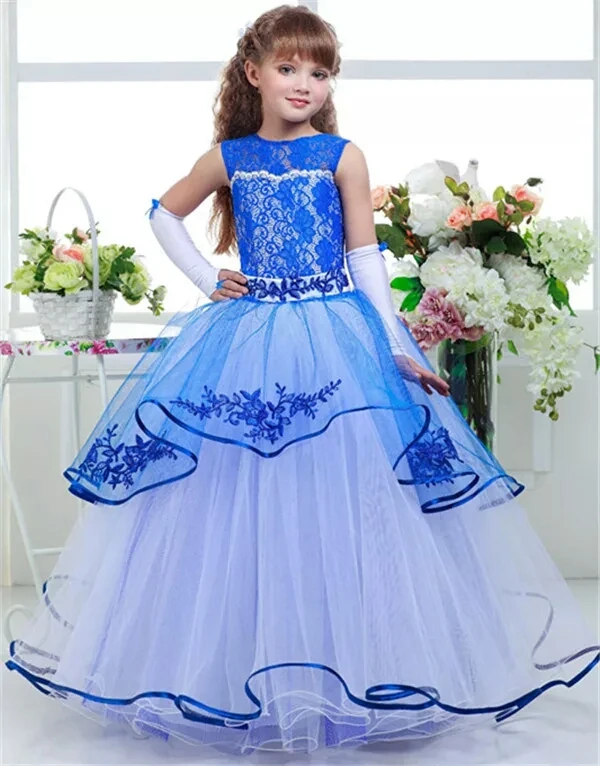 Luxury Light Blue Flower Girls Dress For Weddings Applique Bow Birthday Prom Party Formal Event Communion Gown