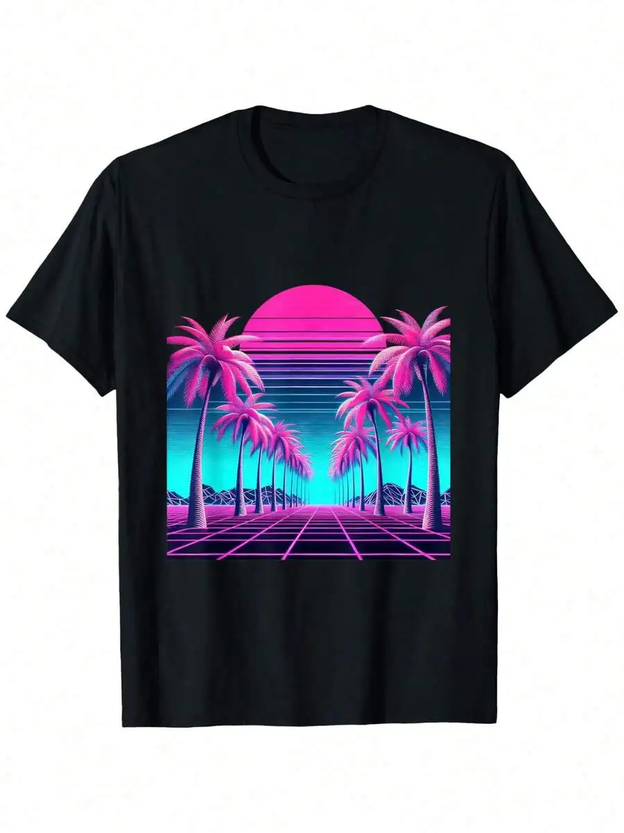 Retro 80s Vaporwave Aesthetic Palm Trees Sunset 90s Art Men's Summer Tops Streetwear Hipster Hip Hop Tshirts Short Personalized