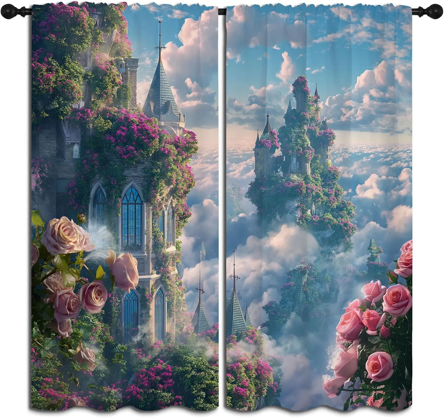 Fantasy Sky Castle Pink Rose Rod Pocket Curtain Cloud Sea Magic Fairy Tower Floral Climbing Vine Print Window Drapes Girls